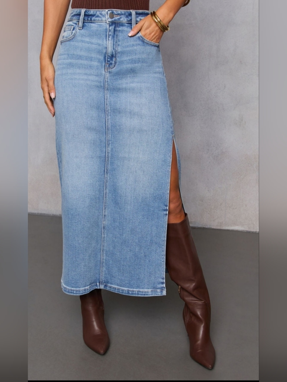 Vici Collection Chic Side Slit Denim Midi Skirt